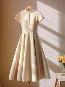 Franclia 优雅高端精致长裙，腰部收紧设计，奢华杏色，适合女性，夏季 - 杏色 - 查看 1