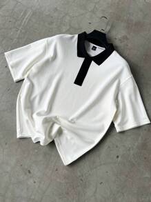 Manfinity EMRG 男士撞色边饰休闲百搭短袖 T 恤，夏季男士男士翻领衬衫 - 白色 - 查看 1