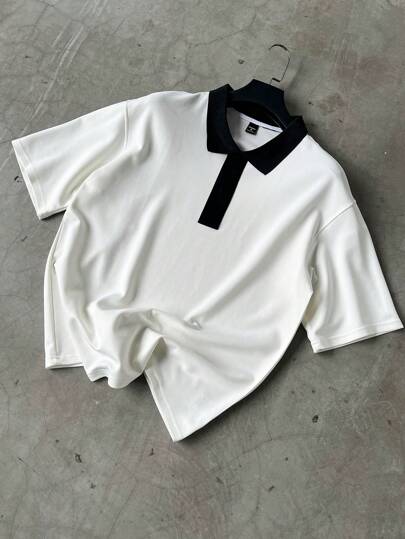 Manfinity EMRG 男士撞色边饰休闲百搭短袖 T 恤，夏季男士男士翻领衬衫