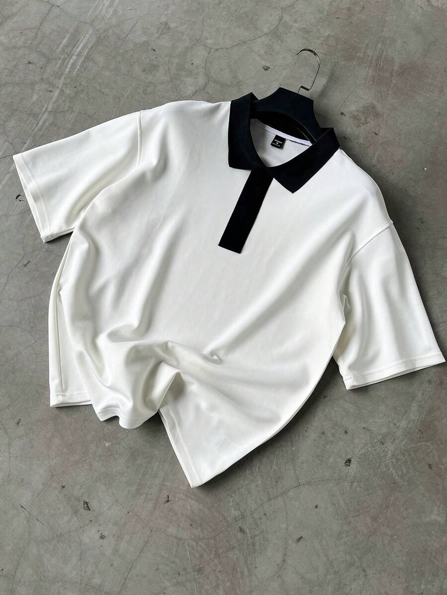 Manfinity EMRG 男士撞色边饰休闲百搭短袖 T 恤，夏季男士男士翻领衬衫 - 白色 - 查看 1