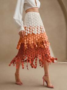 Anewsta 优雅镂空刺绣高腰橙色流苏裙，宽松飘逸夏季女士裙子，节日 - 橘色 - 查看 1