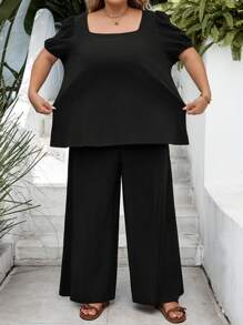 SHEIN CURVE+ Bộ đồ nữ cỡ lớn bằng vải cotton crepe giặt, 2 món, áo cổ vuông tay ngắn màu trơn cỡ lớn và quần rút dây, trang phục đi nghỉ mùa hè/đồng quê/bãi biển/trang phục đi biển/đồ mặc đi biển - màu đen - Xem 5