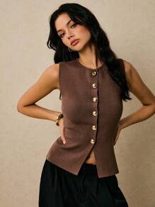 Poéselle Áo len nữ không tay cổ tròn cài cúc phía trước, màu trơn, kiểu dáng dễ thương, thích hợp mặc đi chơi, phong cách công sở thường ngày, phong cách cổ điển, sang trọng, phù hợp cho mùa thu. - Lạc đà - Xem 7