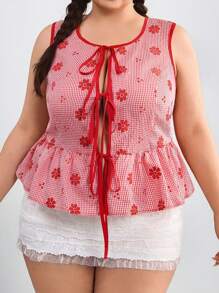 SHEIN CURVE+ 大码女式无袖休闲系带衬衫，时尚，适合夏季