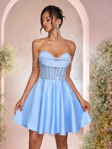 Lovelzi Elegant And Luxurious Light Blue Luxurious Satin Handmade Pearl Decoration Pearl Chain One Shoulder Drop Shoulder Sleeve Waist Section Sexy See-Through Short Style Large A-Line, Suitable For Dating, Bachelorette Party, Formal Evening Party, Prom Dress (Heavy Workmanship)