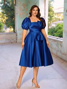 SHEIN Belle فستان زفاف ذو أكمام منتفخة وفيونكة كبيرة بتصميم أنيق رومانسي باللون الأزرق مقاسات كبيرة، فستان سهرة رسمي واسع بطيات كبيرة