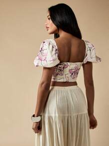MISSGUIDED Floral Print Puff Sleeve Milkmaid Top Ruched Bodice Corset Style Crop Blouse Cottagecore Aesthetic Summer Festival Spring - White - View 2