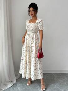 Elenzga 女式优雅碎花印花方领束腰 A 字拼接连衣裙 - 杏色 - 查看 4