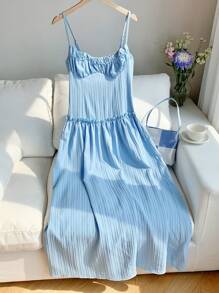 SHEIN EZwear Women's Summer Solid Color Ruffle Trim Maxi Slip Dress For Resort Vacation