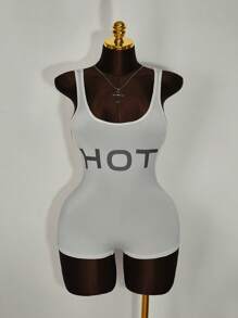 Amplova 大码女式口号印花紧身透明无袖连体裤