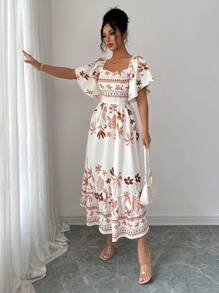 Modelyn Đầm midi tay ngắn in kỹ thuật số cạp chun eo cho nữ - Nhiều màu - Xem 3