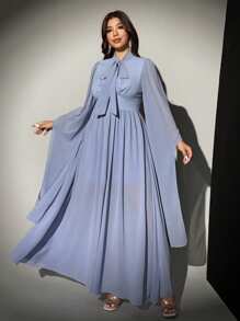 Viva Relle Plus Size Elegant Romantic Loose Chiffon Dress With Tie Collar, Cinched Waist, A-Line Hem And Lantern Sleeves Fall Cloth For Women - Dusty Blue - View 2