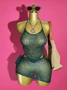 Slaydiva 2025夏季新款，适合生日派对、日常出行、休闲度假、邮轮旅行、海滩、海边、日光浴等场合，基础百搭，线上热销单品，露背吊带，性感露背紧身裤，短款不对称下摆上衣和不对称侧边吊带裙，透视纹理，闪亮亮片，夏季毛衣套装，秋冬女士毛衣套装