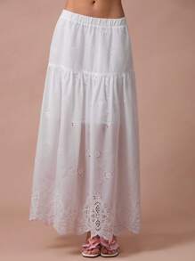 Enchnt Falda maxi elástica de cintura con bordado y volantes blancos, romántica para mujer, ideal para vacaciones, casual y cómoda para fiestas de cumpleaños, días festivos, citas dulces, viajes diarios, vacaciones, temporada de bodas, versátil en verano, conciertos, estilo bohemio - Blanco - Ver 6