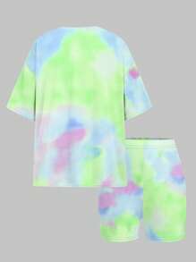 SHEIN Leap Crew 2 件套青少年休闲宽松短袖 T 恤和紧身裤套装，适合夏季 - 彩色 - 查看 3