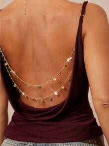 Lumalex Draped Neck Cami Top With Metal Chain Decor, Backless Waist Cinched - Burgundy - View 4