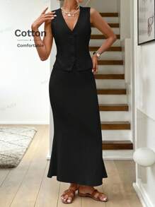 Easowa 2 件套香槟色女士无袖上衣和长裙，婚礼季节 - 黑色 - 查看 3