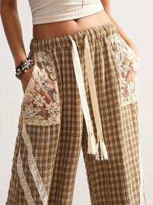 Bohemela Pantalones rectos casuales de mujer de tela escocesa trenzada - Caqui - Ver 2