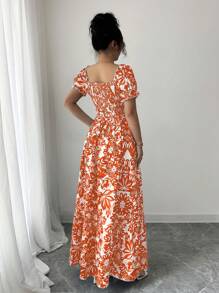 Elenzga New Women's Floral Print Bubble Sleeve Front Tie Back Drawstring Waist Long Casual Vacation Date Dress, Elegant And Graceful - Orange - View 2