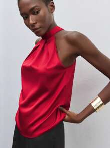 Maija Tie-Up Satin Halter Neck Cold-Shoulder Blouse Top