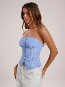 SHEIN BAE Summer Casual Commuting Sky Blue Striped Front Button Tube Top Hot Girl Tops, Sexy Tops, Holiday Tops - Multicolor - View 4