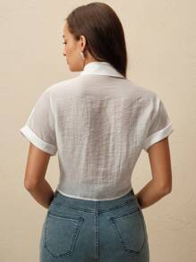 Anewsta Women's Luxurious French Lace Trim Beaded Short Sleeve Bow Tied Blouse Shirt - White - View 2