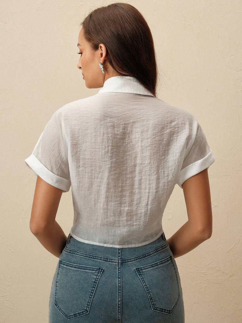 Women's Luxurious French Lace Trim Beaded Short Sleeve Bow Tied Blouse Shirt