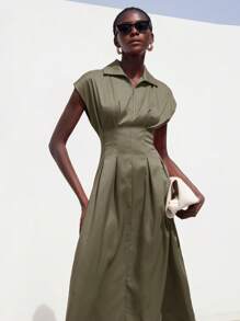 Aveloria Modichic 女士优雅简约设计拉链领褶腰 A 字长袖连衣裙 - 綠色 - 查看 1