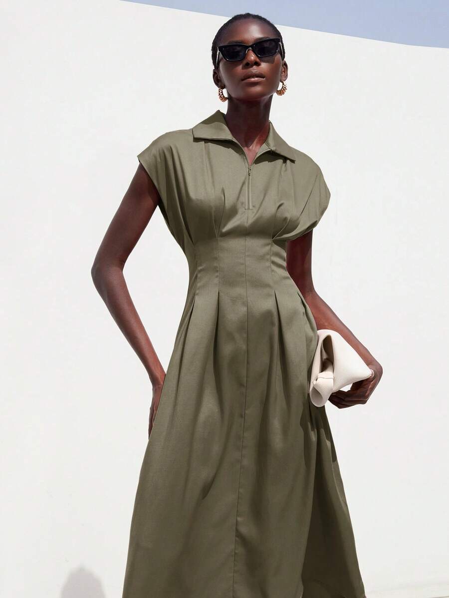 Aveloria Modichic 女士优雅简约设计拉链领褶腰 A 字长袖连衣裙 - 綠色 - 查看 1