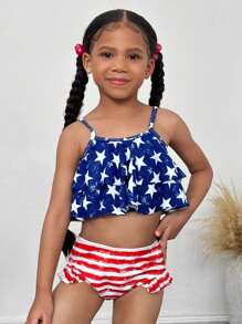 SHEIN 2pcs Set Young Girl Knitted Starry Ruffle Trim Tankini Swimsuit & Shorts - Blue - View 4