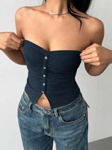 SHEIN BASICS 女士休闲纯色针织短款抹胸 - 藏蓝色 - 查看 5