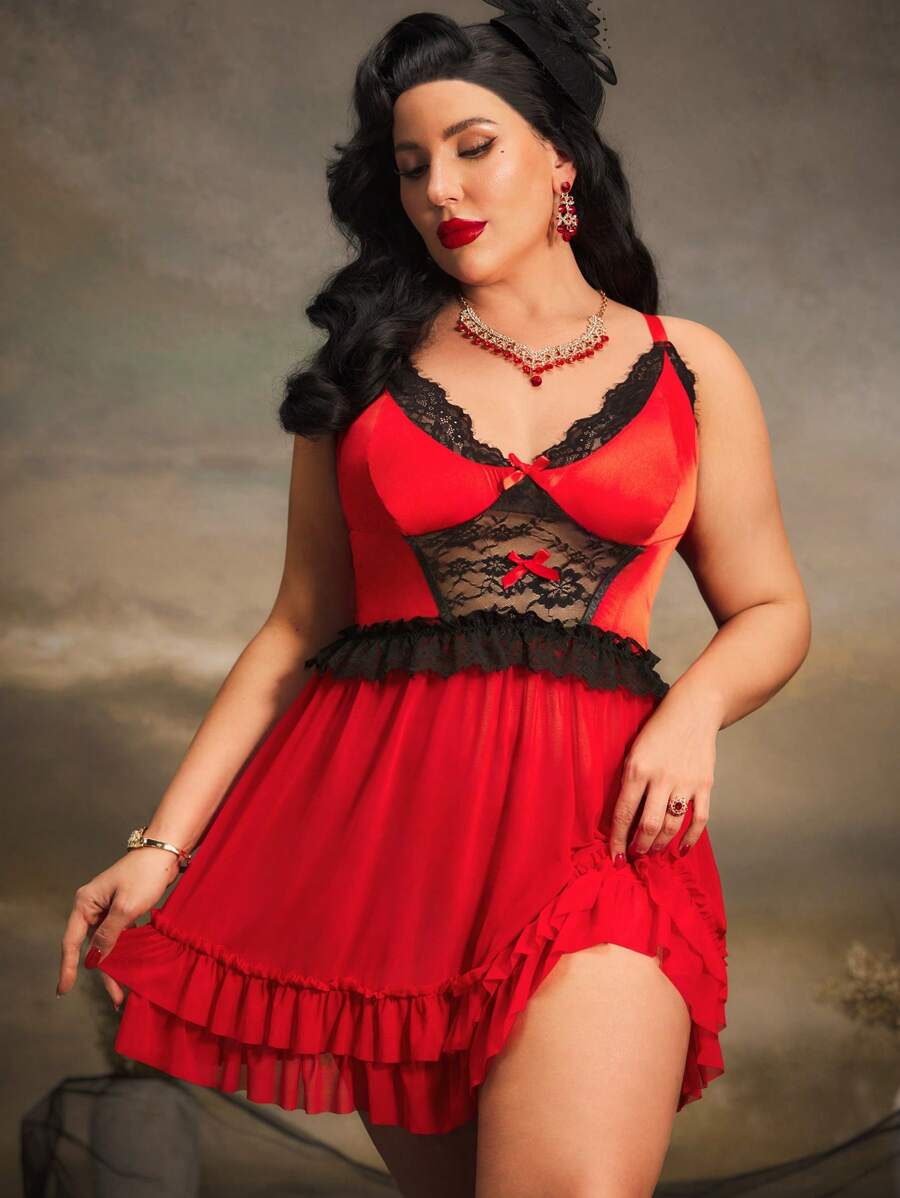 2 Stücke Große Größen Kontrast Farbe schlank geschnittenes, geschichtetes, gerüschtes Taftseide-Spitze-Patch-Plissee-Netz-Schleife Wimpernspitzen-Spitze Retro romantische Lingerie-Set - Verschiedenfarbig - Übersicht 1