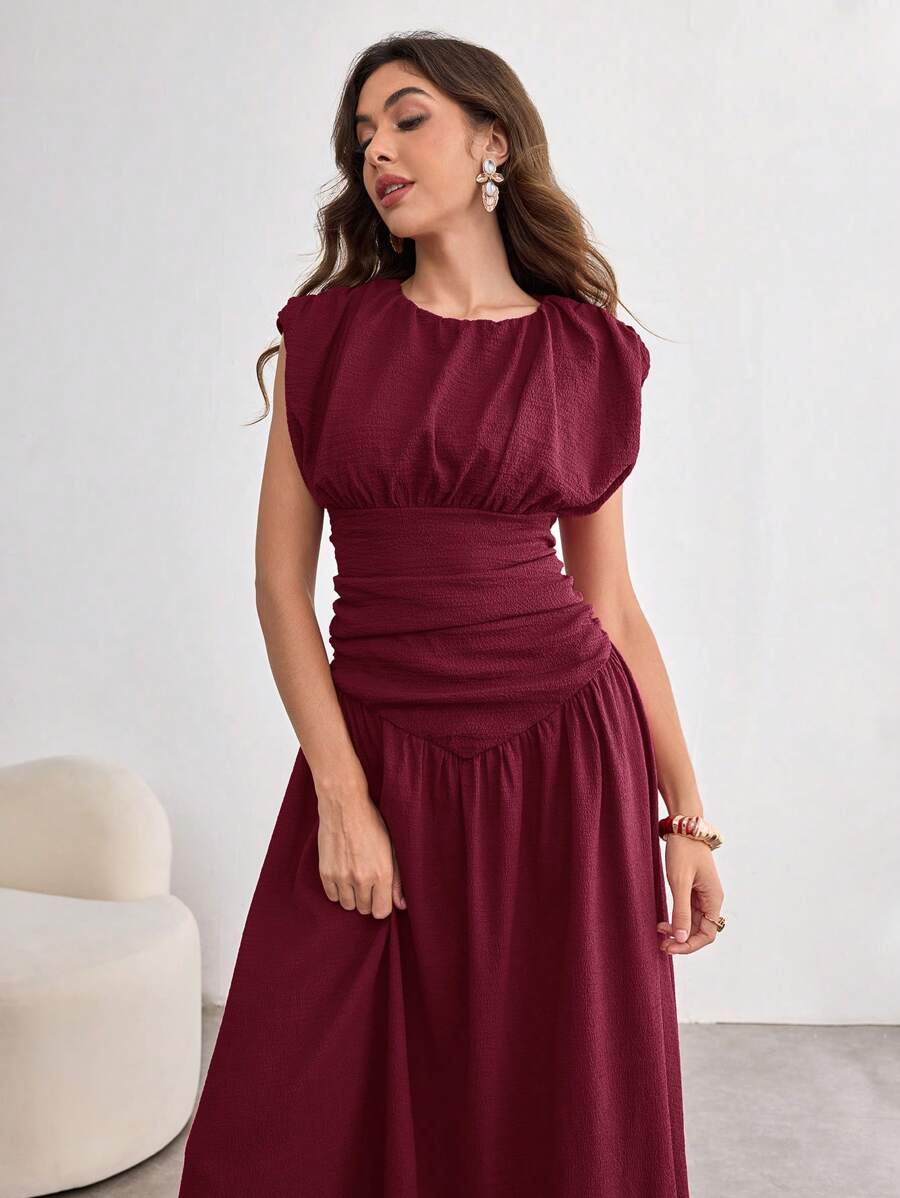 Modelyn Women's Elegant Long Dress With Ruched Design, Fashion Flair Flared Hem, Spring/Summer - Red Violet - View 1