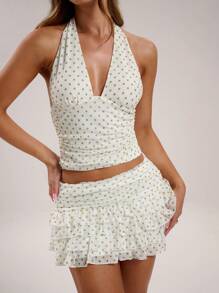 SHEIN BAE 女式波尔卡圆点印花多层休闲裙，夏季 - 綠色 - 查看 6