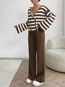EURMUSE Women Stripe Pattern Front Button V-Neck Drop Shoulder Cardigan & Sweater Pants Set - Brown - View 6