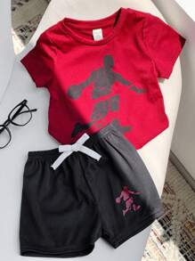 SHEIN 2pcs/Set Toddler Boys Red & Black Cartoon Figures Print Round Neck Pullover Top With Drawstring Waistband Shorts,Summer Casual Beach Sports Outfits - Multicolor - View 2