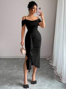 Elenzga Vestido elegante con dobladillo asimétrico y tirantes