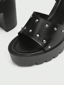 Sugerpunk 女士高跟凉鞋，朋克铆钉金属扣设计，防水台圆头罗马风格，适合派对、日常穿着、晚礼服，增高修腿，舒适百搭的女士浅口鞋 - 黑色 - 查看 10