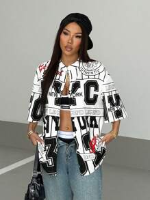 StreetHx Camisa esportiva feminina de manga curta com estampa de letras streetwear - Preto e Branco - Ver 3