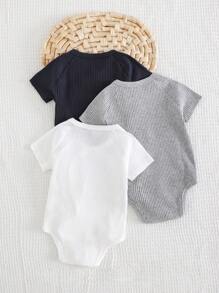 Cozy Pixies 3 Pieces Set Newborn Baby Boy/Girl Solid Color Soft Knit Round Neck Short Sleeve Bodysuit - Multicolor - View 2