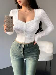 DAZY Women'S Sweetheart Neck Long Sleeve Top - White - View 6