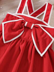 SHEIN 女婴优雅纹理面料对比蝴蝶结连衣裙 - 紅色 - 查看 6
