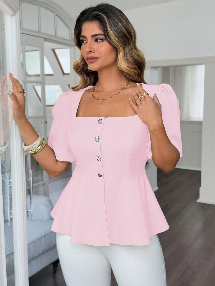 Vionelle 加大码纯色方领前扣优雅短袖衬衫，夏季 - 粉色 - 查看 1