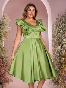 Aureia Plus Size Olive Green Spring Elegant Formal Prom Wedding Dress,Handmade Beaded Patchwork 3D Ruffle Trim Shoulder Luxury A-Line Ballroom Gown - Green - View 7
