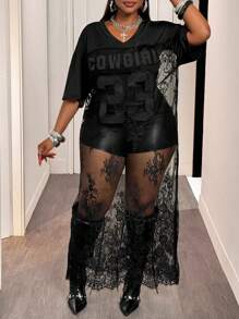 Slaydiva Đầm jersey thể thao thường ngày phong cách đường phố Xuân Hè 2026, chất liệu ren xuyên thấu gợi cảm, họa tiết số màu đen, cỡ lớn. - màu đen - Xem 5