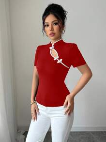 Elenzga Camiseta de manga corta de verano con cuello alto ajustada y logo de Tencent para mujer - Rosa Roja - Ver 5