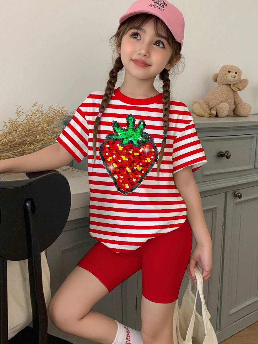 SHEIN Young Girl Casual Vintage American Style Red Striped With Strawberry Fruit Pattern 2pc Short Sleeve Top And Shorts Set, Suitable For Summer - Summer Bliss, Vacation Kidswear, Holiday Feels, Walk In Style, Color Pop, Grad Ready, Holiday Season, Prints - Multicolor - View 1