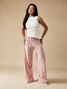 MISSGUIDED 奢华天鹅绒阔腿休闲裤 阔腿风格抽绳舒适服装 节日派对晚装 柔软毛绒裤 - 粉色 - 查看 3