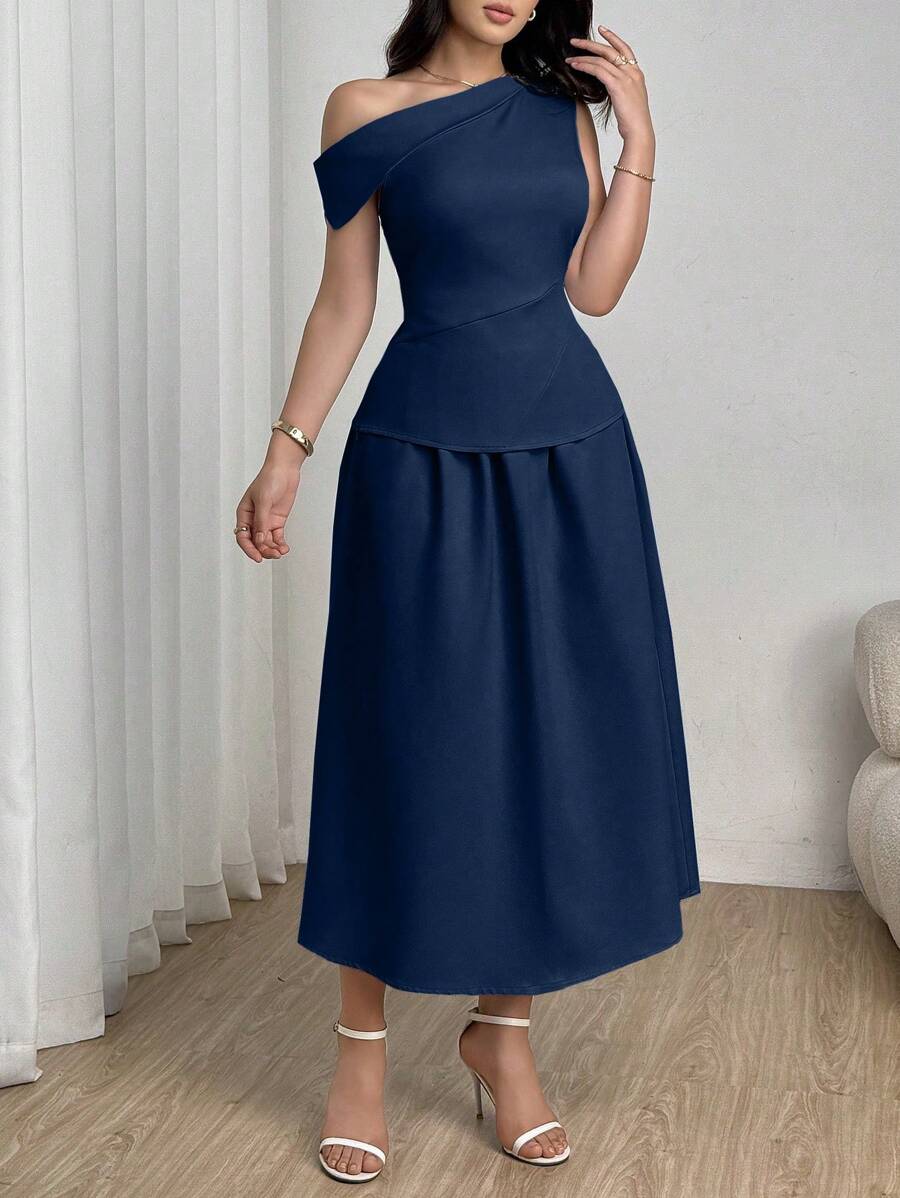 Modelyn 2pcs Set Solid Color Asymmetric Collar Blouse And Skirt - Navy Blue - View 1
