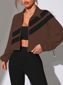 Dewbera Dewbera Chaqueta deportiva con bloques de color y rayas, cremallera completa y dobladillo con cordón, para primavera/otoño - Caqui - Ver 4